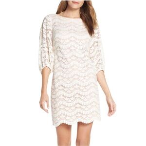 Eliza J Cotton Blend Puff 3/4 Sleeves Ivory Lace Nude Line Back Zipper Dress 10